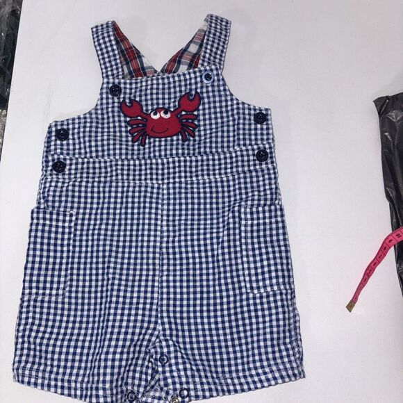 Nursery Rhymes One Piece Overall Shorts Gingham Crab Blue White 9 Months - Picture 1 of 6